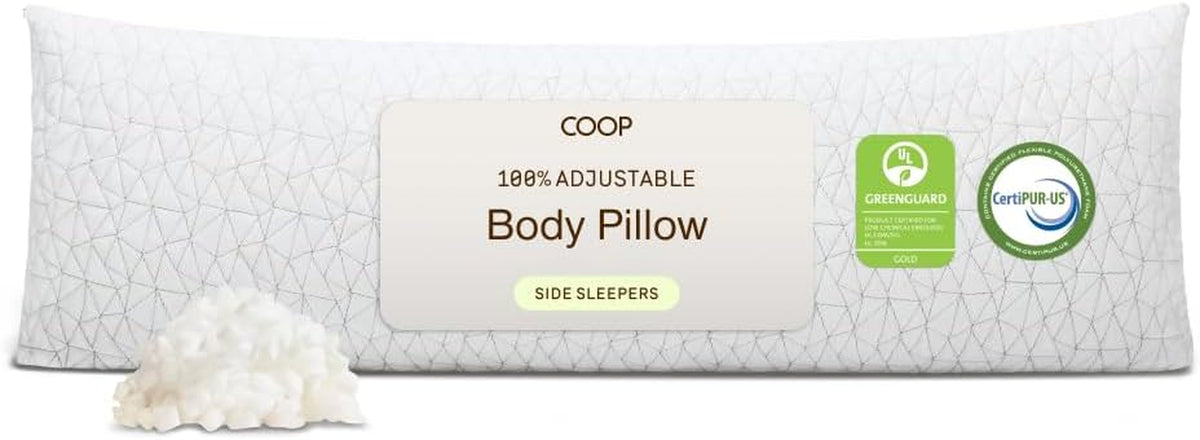 Coop Home Goods Original Adjustable Body Pillow, 20X54 Long Pillow for Back, Shoulder, Hip and Knee Support, Side Sleeper Body Pillows for Adults with Memory Foam & Washable Cover