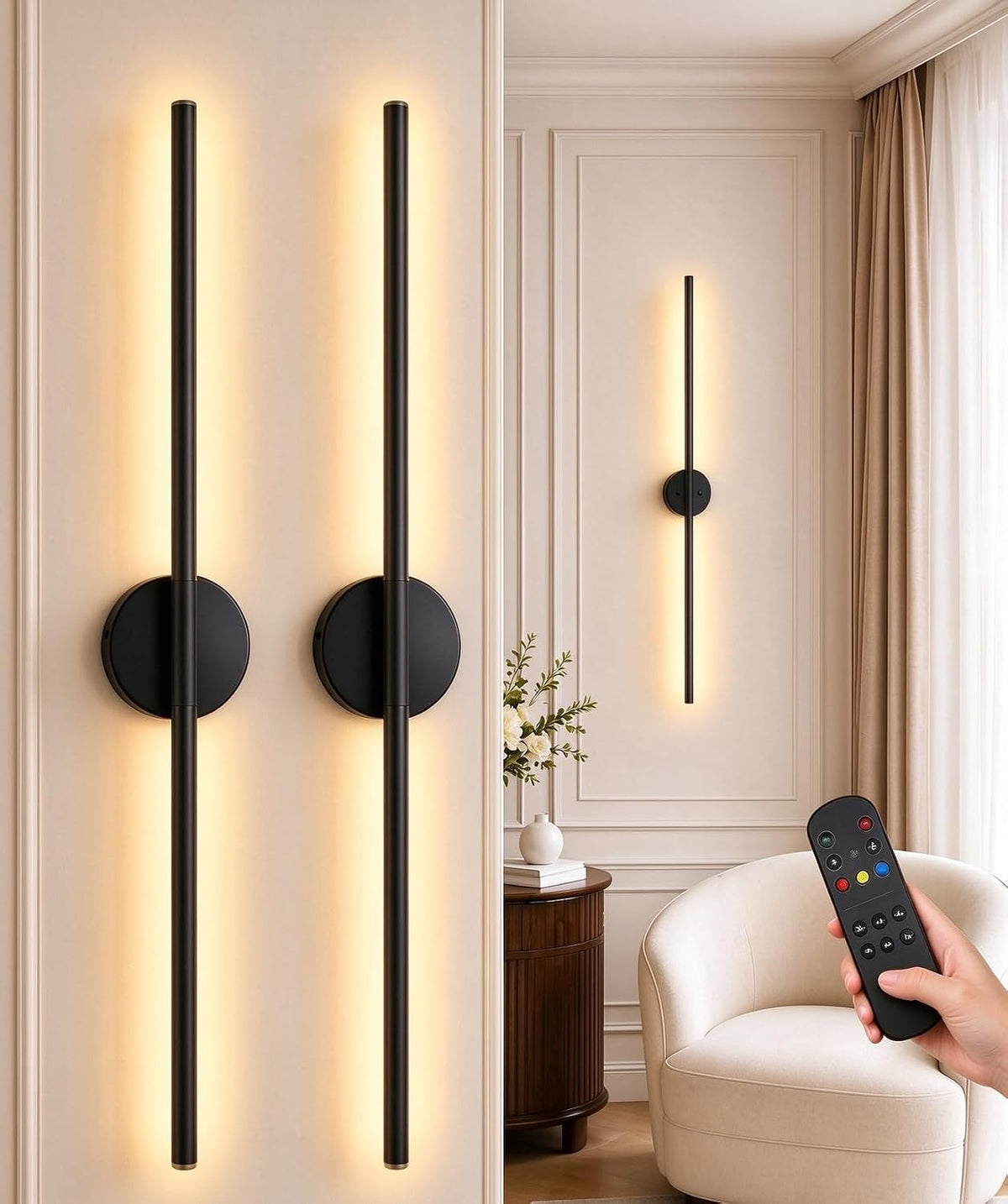 20" Battery Operated Wall Sconce Set of 2, 360° Rotating Lamp, Black