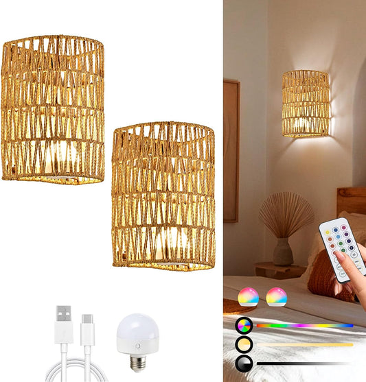 Battery Operated Rattan Wall Sconces Set of Two Cordless Remote RGB