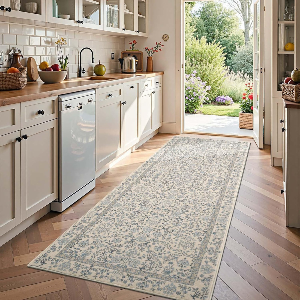 Jinchan 3X10 Washable Hallway Runner Rug, Floral Non-Slip, Blue/Cream