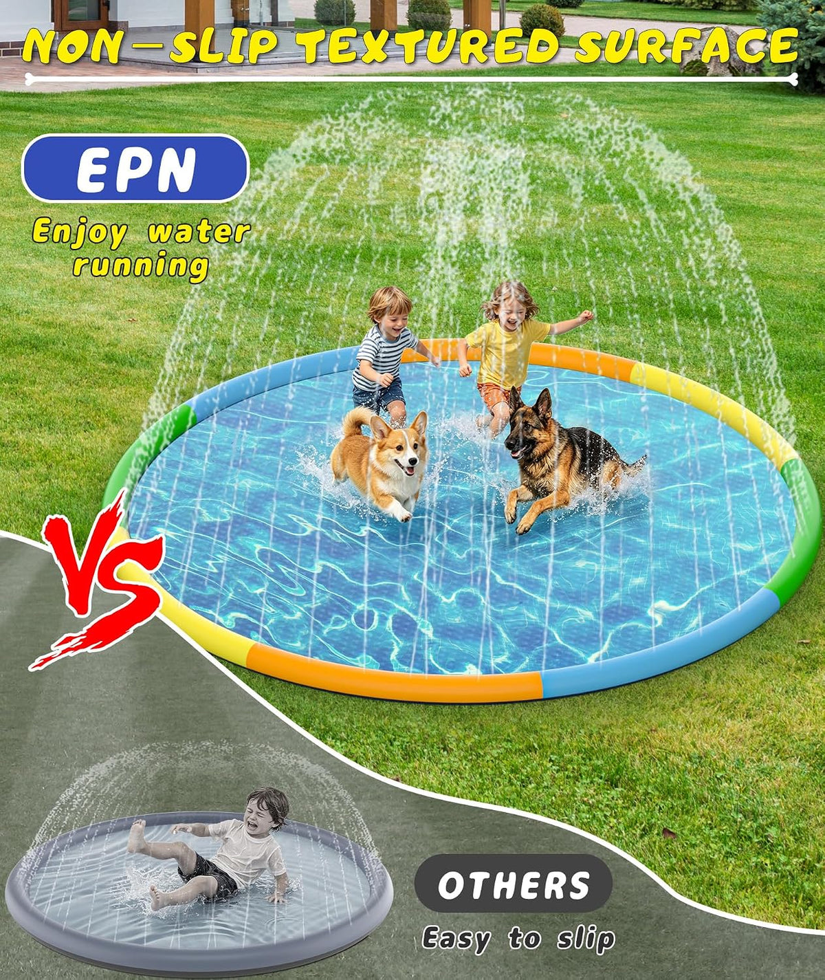 EPN Splash Pad for Kids and Dogs, Thick PVC Outdoor Sprinkler Mat, 13 Ft