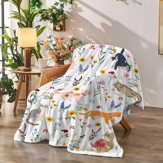 Floral Throw Blanket Birthday Gift for Women Mom Girls Kids Cat Lover Cat Flower Blanket Summer Wildflower Flannel Blanket Watercolor Printed Throw for Couch Sofa Bed Chair 50"X60"