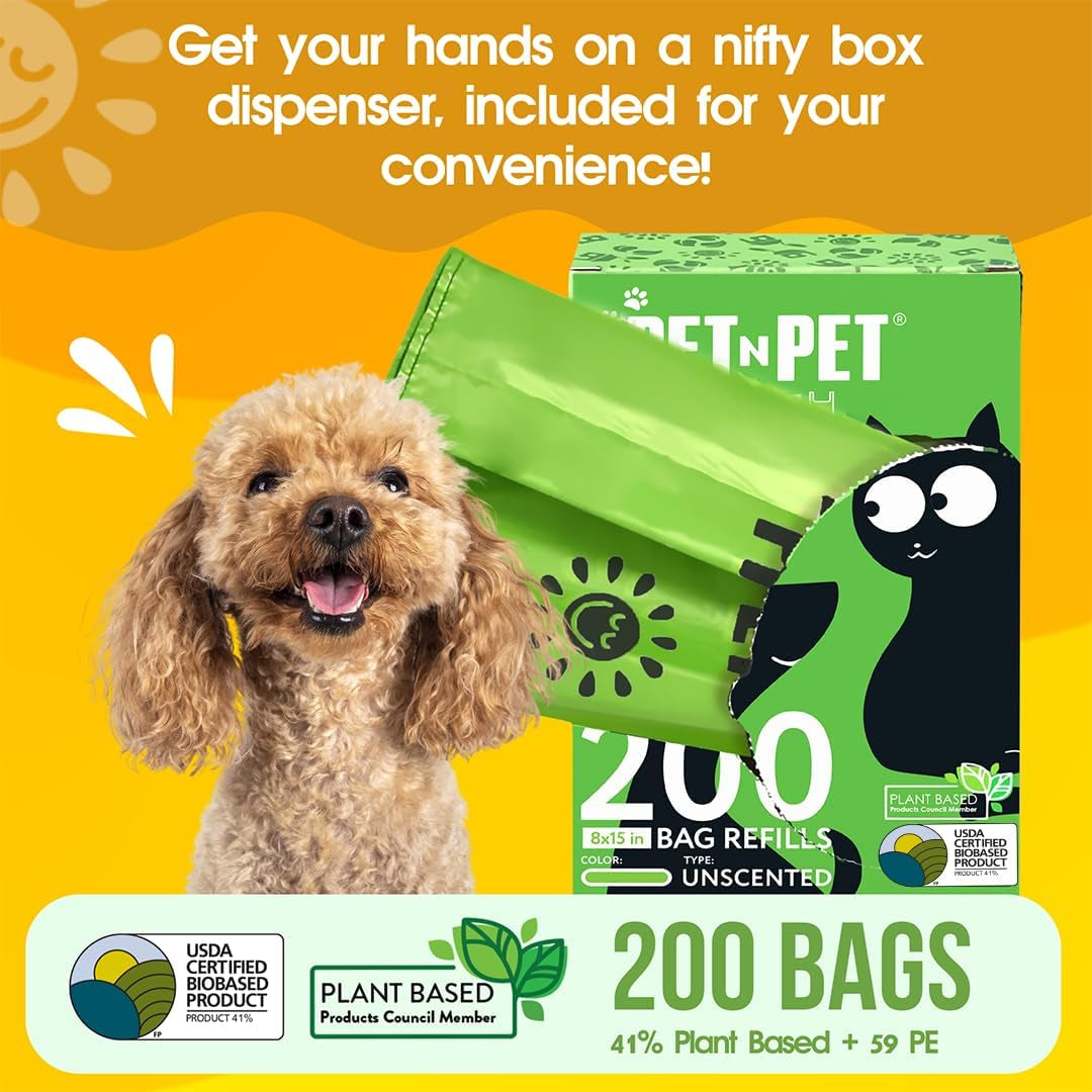 Pet N Pet 200 Counts Unscented Dog Poop Bags with Tie Handles, 41% Plant Based & 59% PE Poop Bags for Dogs, Extra-Thick Doggie Poo Bag, Pet Waste Bag