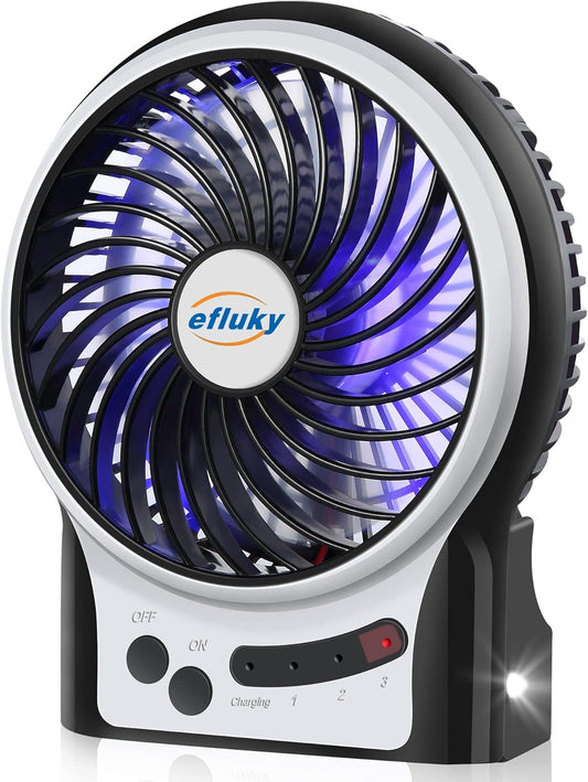 Efluky 4.9-Inch Mini Desk Fan - 3 Speeds, Rechargeable Battery/Usb Powered with LED Light, Quiet Portable Fan for Home, Office, Travel, Camping (Black)