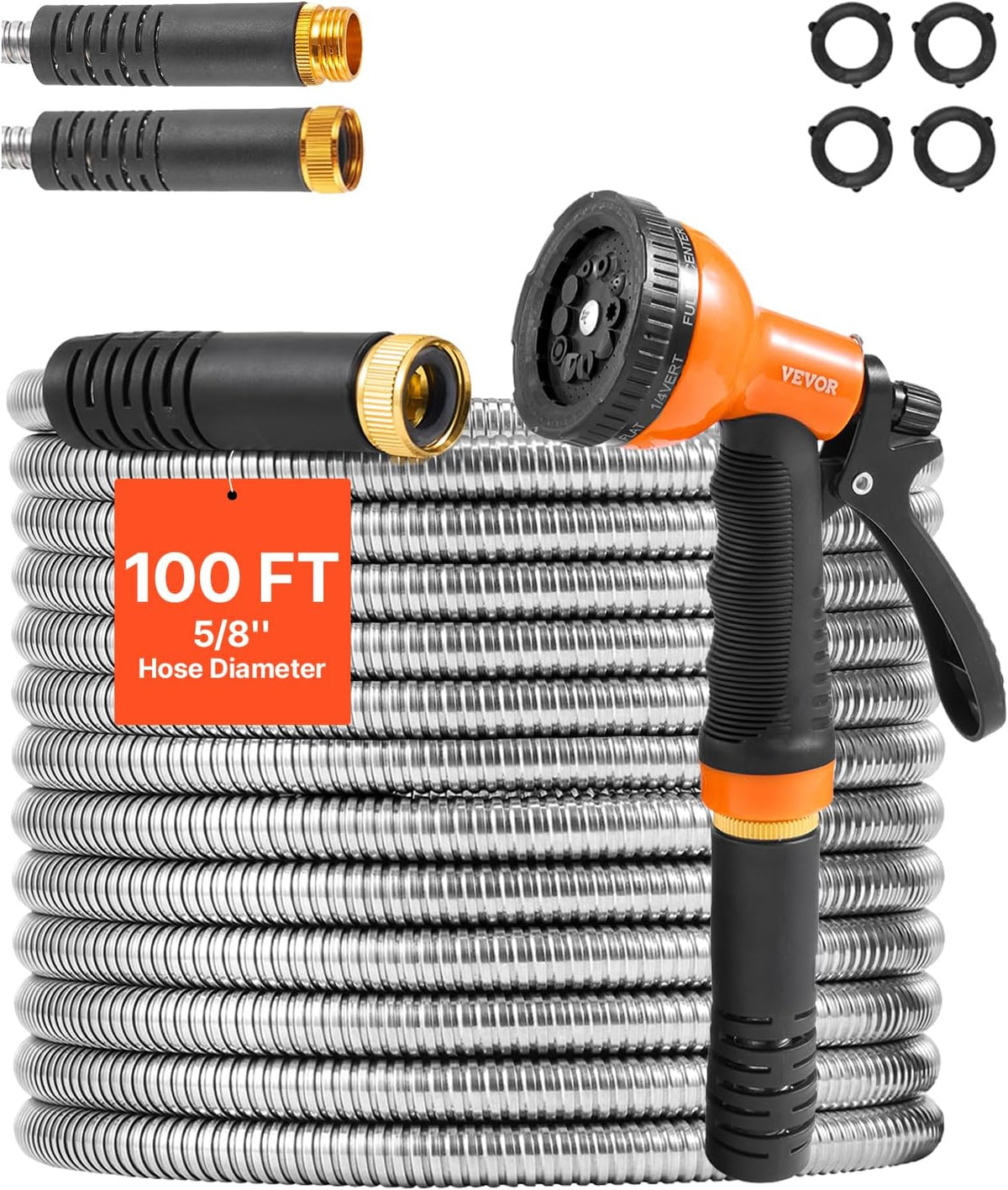 VEVOR 100Ft Stainless Steel Garden Hose Heavy Duty No-Kink Metal Water Hose