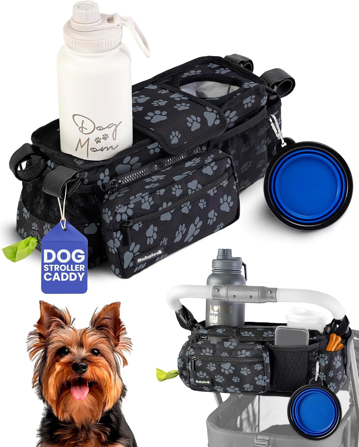 Dog Stroller Caddy Organizer with 2 Insulated Cup Holders & Treat Pocket
