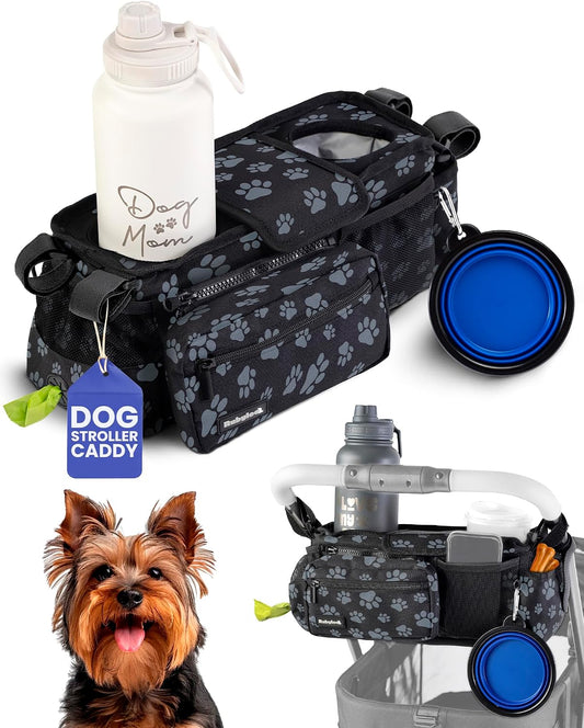 Dog Stroller Caddy Organizer with 2 Insulated Cup Holders & Treat Pocket