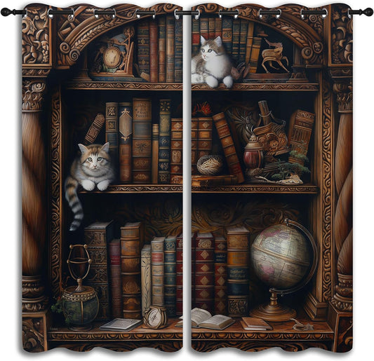 LHROOMJK Bookshelf Blackout Curtains for Boys Girl Bedroom Decor,Library Cat Vintage Bookcase Book Antique Thermal Insulated Grommet Drapes Darkening Window Curtain for Living Room Home 84X72 Inch