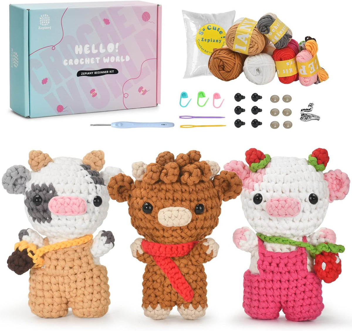 Zepiany Crochet Kit for Beginners Yarn Animals Cows Starter Amigurumi Kit DIY Knitting Learn Supplies Crochets Kits for Adults Knitting Gifts 3PCS （40% Extra Yarn