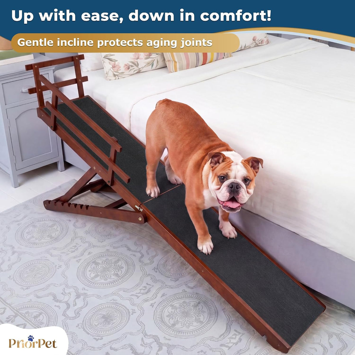 Dog Ramp for Bed - PRIORPET Birchwood Adjustable Ramp for Dogs to Get on Bed: Dog Ramps for High Beds up to 37 Inches – Foldable Ramp, Anti-Slip Grip & Safety Rails, Small Dogs up to 120Lbs – Walnut