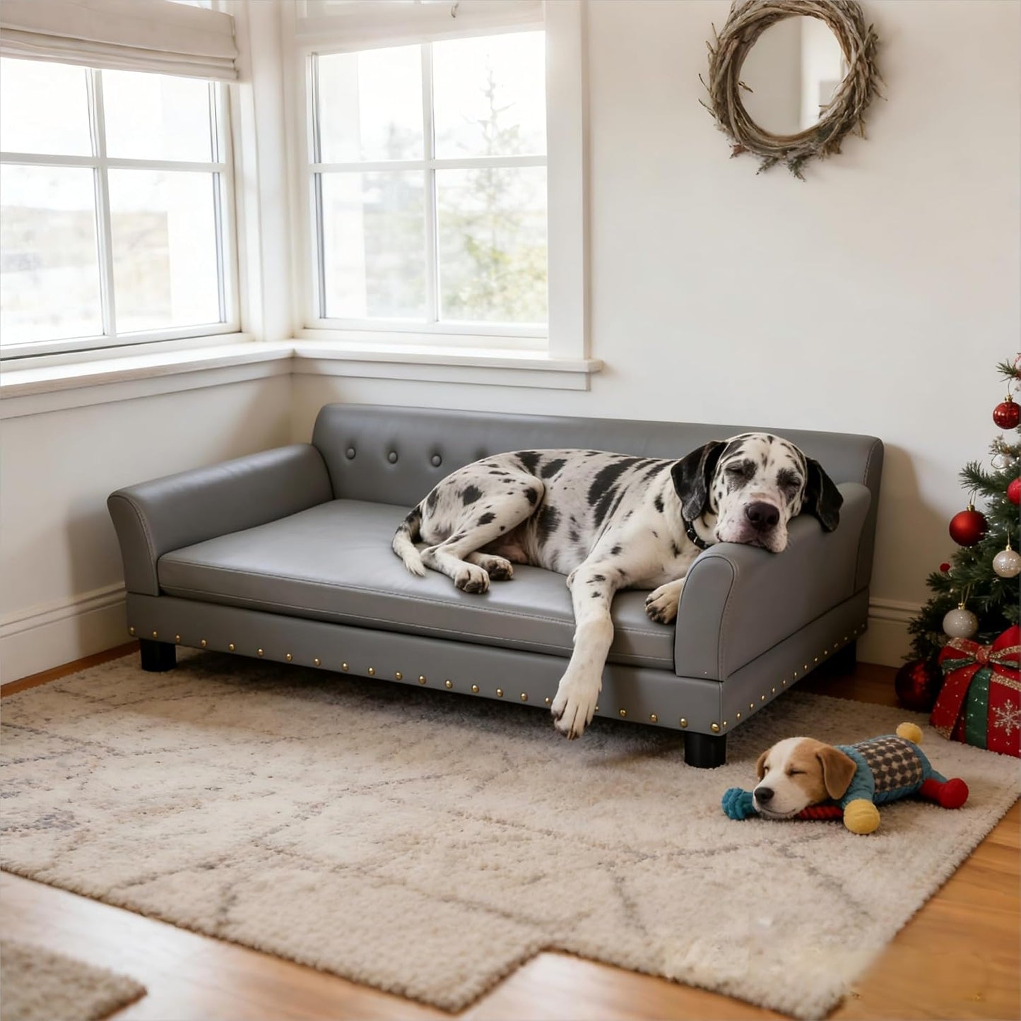 Bingopaw Large Leather Dog Sofa: Jumbo Pet Couch Made by Scratching Resistant Microfiber Leather - Indoor Elevated Dogs Chaise Bed for Doggy up to 120Lbs