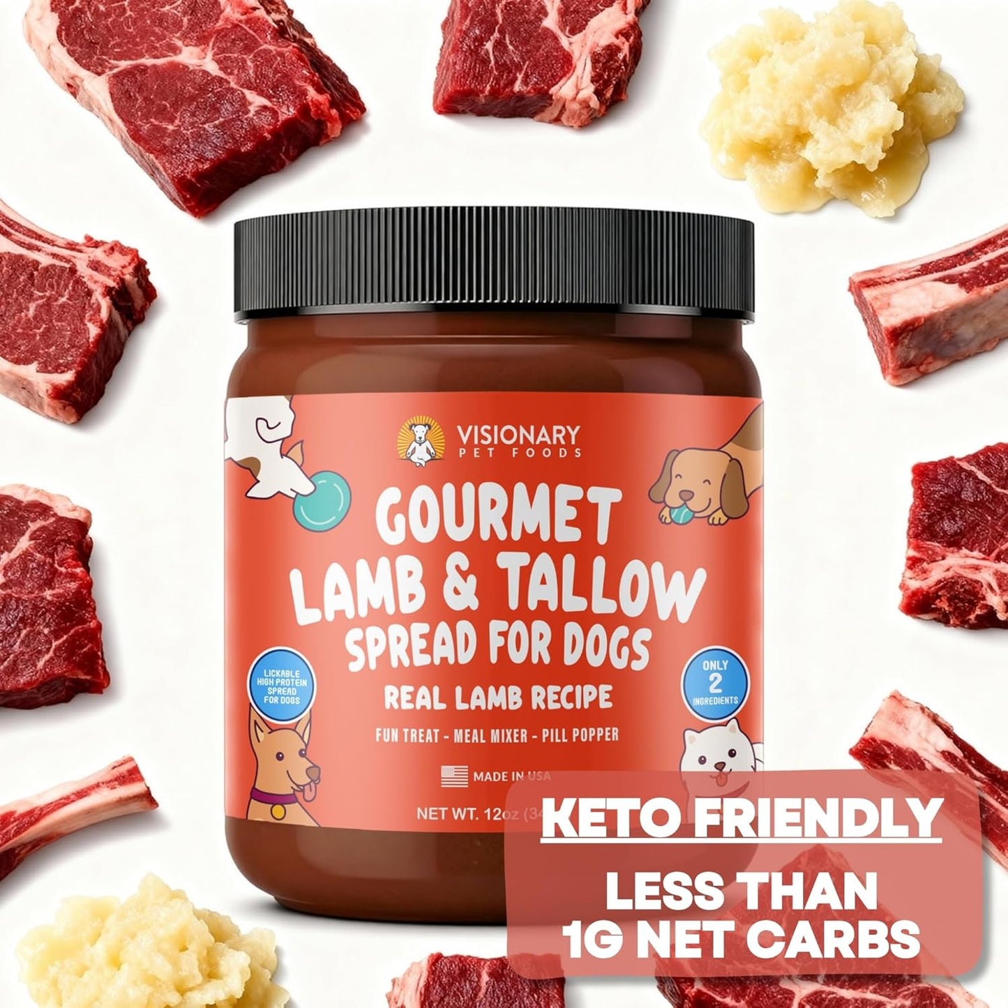Visionary Pet Foods Lamb and Tallow Meat Spread - Healthy Dog Treat - Alternative to Dog Peanut Butter, Xylitol Free, No Sugar and Filler Free - Use on Lick Mat, Food Mixer, Pill Pockets - 12Oz Jar