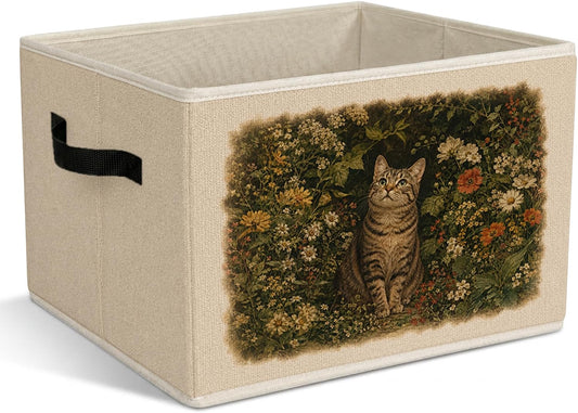 Dark Cottagecore Tabby Cat Floral Storage Bins with Handles, Tabby Cat Gifts Collapsible Laundry Basket Organizer for Bathroom Bedroom, Kitten Wildflower Decorative Storage Boxes