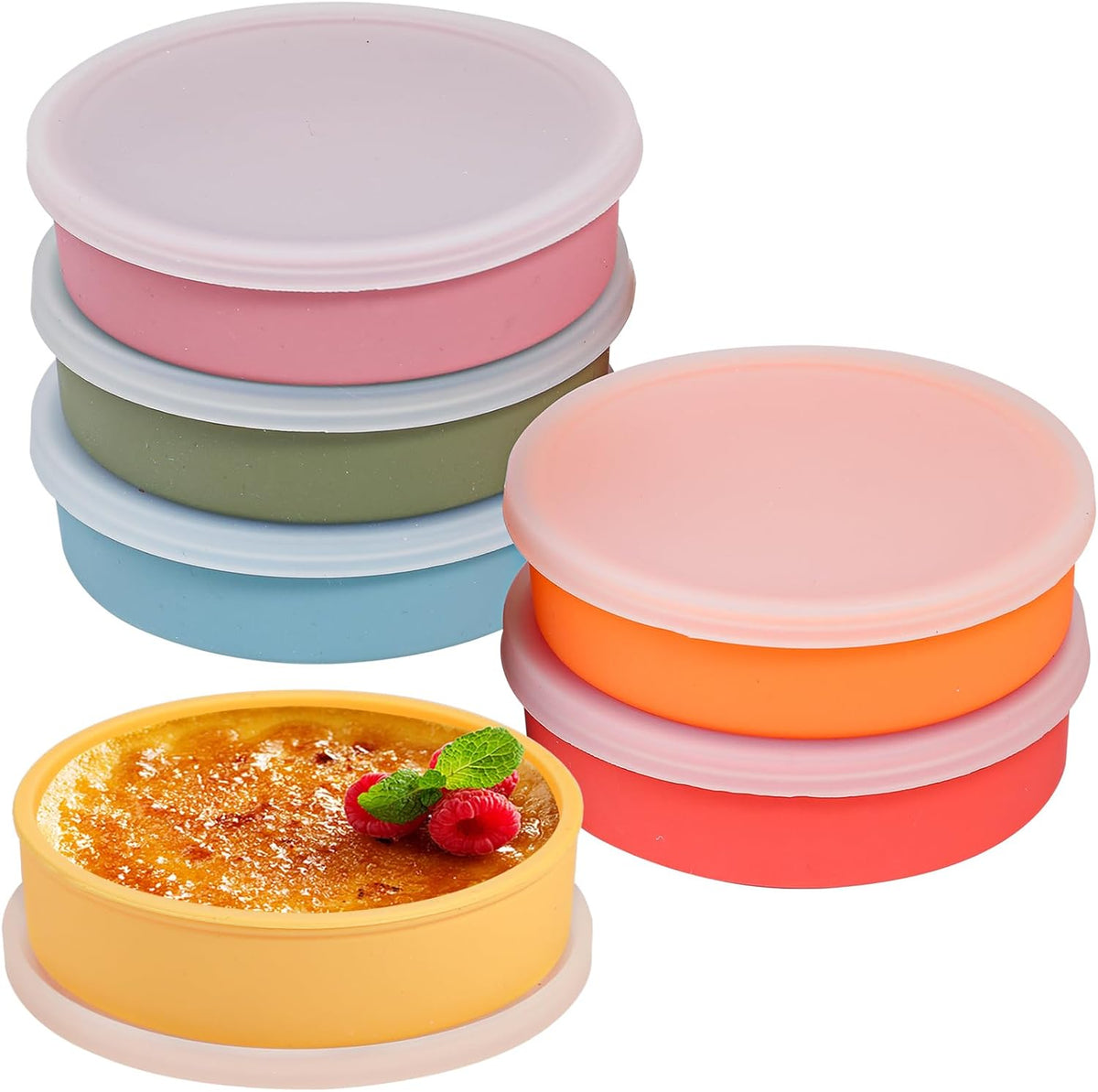 Koluti Silicone Ramekins Set of 6, 4Oz Shallow Creme Brulee Bowl with Lid, Oven Safe Souffle Baking Mini Dish, Pudding Dessert Dipping Sauce Cups, BPA Free, Microwave & Freezer & Dishwasher Safe