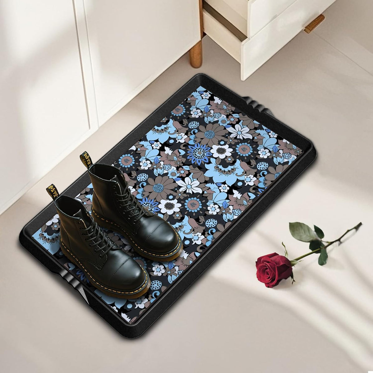 BEHERO Boot Tray Shoe Mat Decorative Patterned, Rubber Shoe Matt Tray Indoor/Outdoor Use, 16" X27.5" Shoe Cleaning Mat Non-Slip, Shoe Storage Waterproof Flower Prints for Entryway, Velvet Bloom
