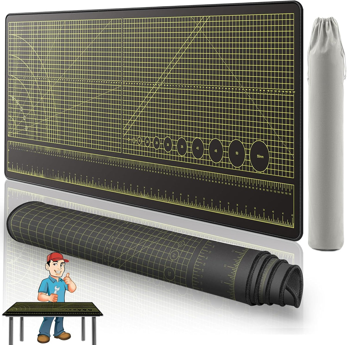 ‌2F22E Premium Portable Workbench Mat 43.31"X15.75" Inch - Non-Slip Dual Measuring Scales & Angle Guides - Durable Table Protector for Workshops, Crafts & DIY