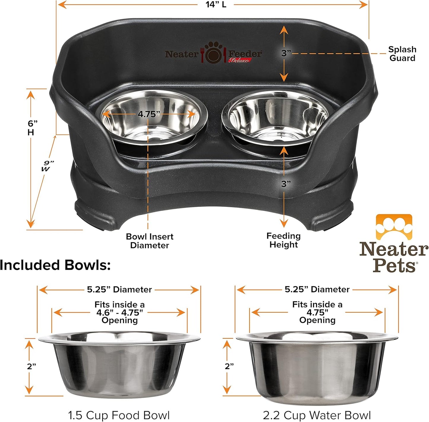 Neater Pet Brands Neater Feeder Deluxe Mess Proof Dog Bowls Elevated for Small Dogs under 19 Lbs, Made in USA, No Spill Raised Dog Food Bowl Stand Feeding Station, Food and Water Bowl Set, Black