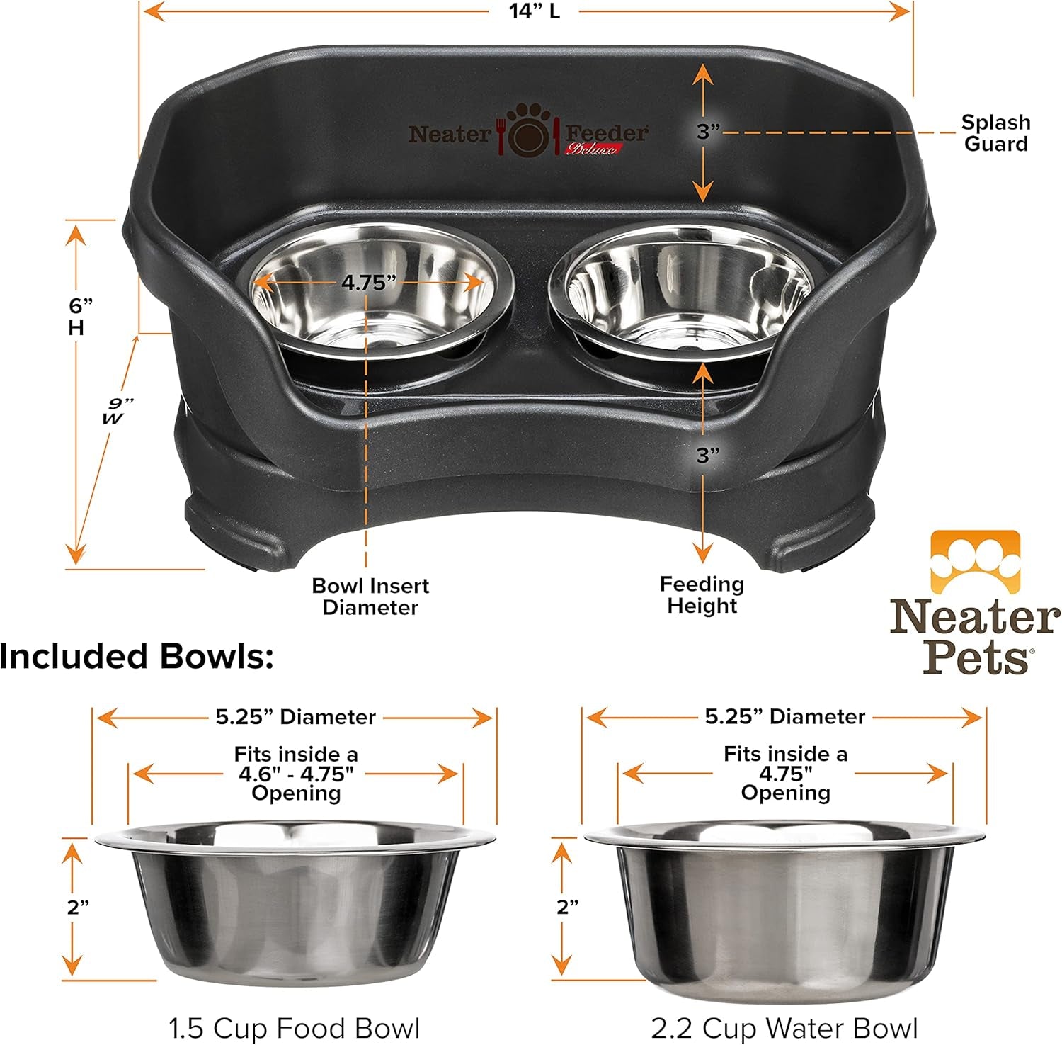 Neater Pet Brands Neater Feeder Deluxe Mess Proof Dog Bowls Elevated for Small Dogs under 19 Lbs, Made in USA, No Spill Raised Dog Food Bowl Stand Feeding Station, Food and Water Bowl Set, Black