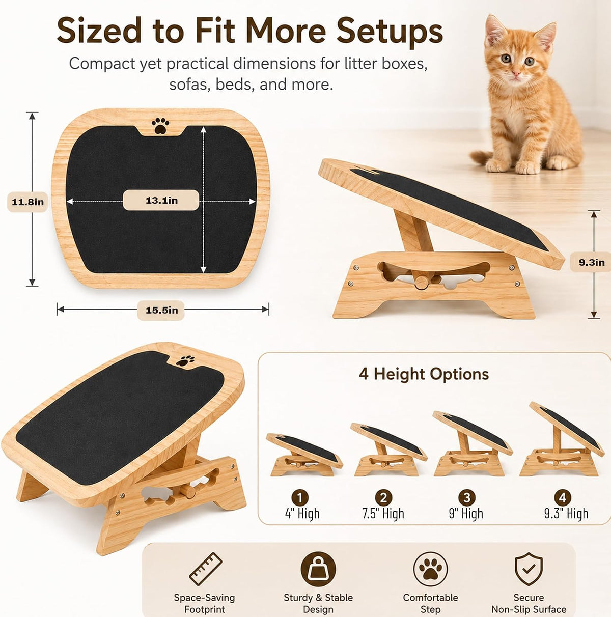 Wooden Litter Box Ramp, 4-Position Adjustable Cat Step for Automatic
