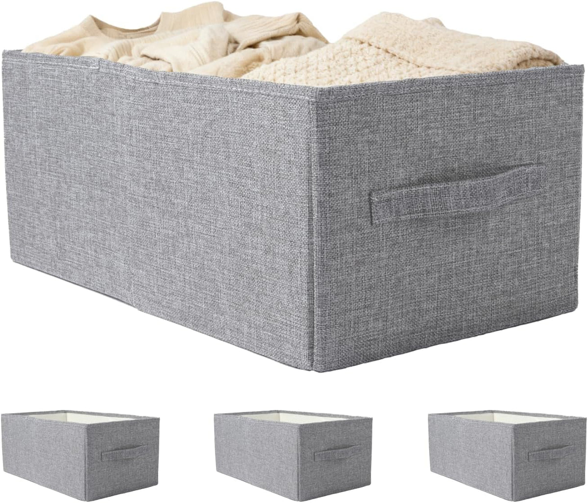 3 Pack Linen Storage Baskets with Handle,Large Foldable Closet Storage Bins for Shelves, Toys, Sheets, Clothes Organization,18"×11"×8",Grey