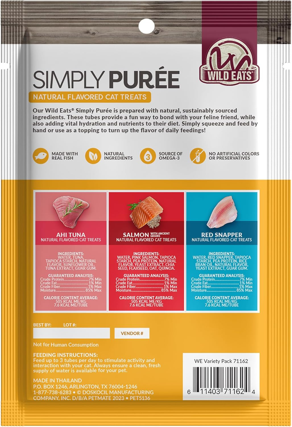 Wild Eats Lickable Cat Treats Exotic Fish Variety Pack 12Ct - Ahi Tuna, Wild Pink Salmon, Red Snapper - Puree Bisque