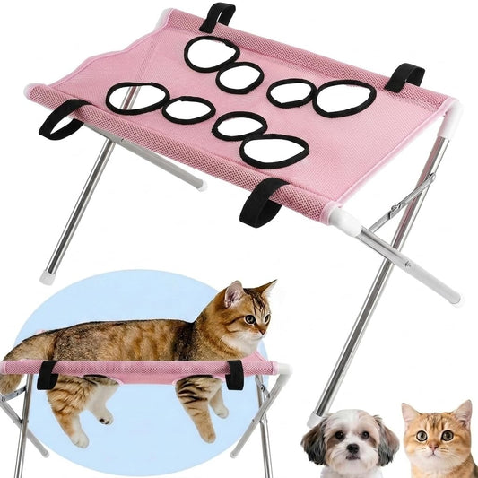 8-Hole Pet Grooming Hammock with Stand, Secure Dog Cat Grooming Sling for Nail Trimming, Bathing, Hair Cutting, Ear Cleaning (Pink, Stainless Steel)