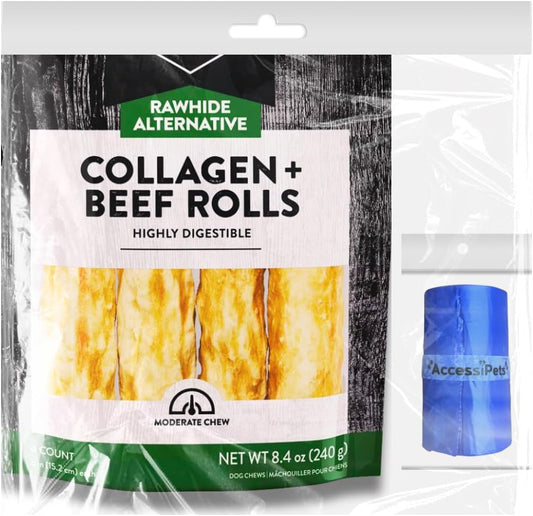 Rawhide Free 6 Inch Collagen Rolls with 1 Waste Bag Roll (Beef, 8.4 Oz)
