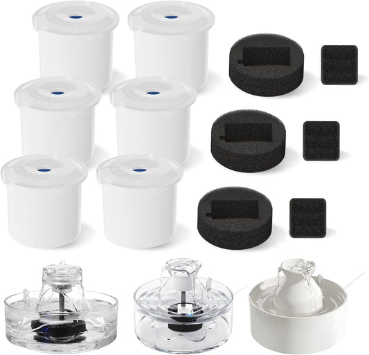 Replacement Glass Cat Water Fountain Filter 6+3+3 Pack, Suitable for Pet Fountain Model: Glass/Ceramic Series PF-01, Contains 6 Filters & 3+3 Pump Sponges, Multi-Layer Filtration, Cat Fountain Filters