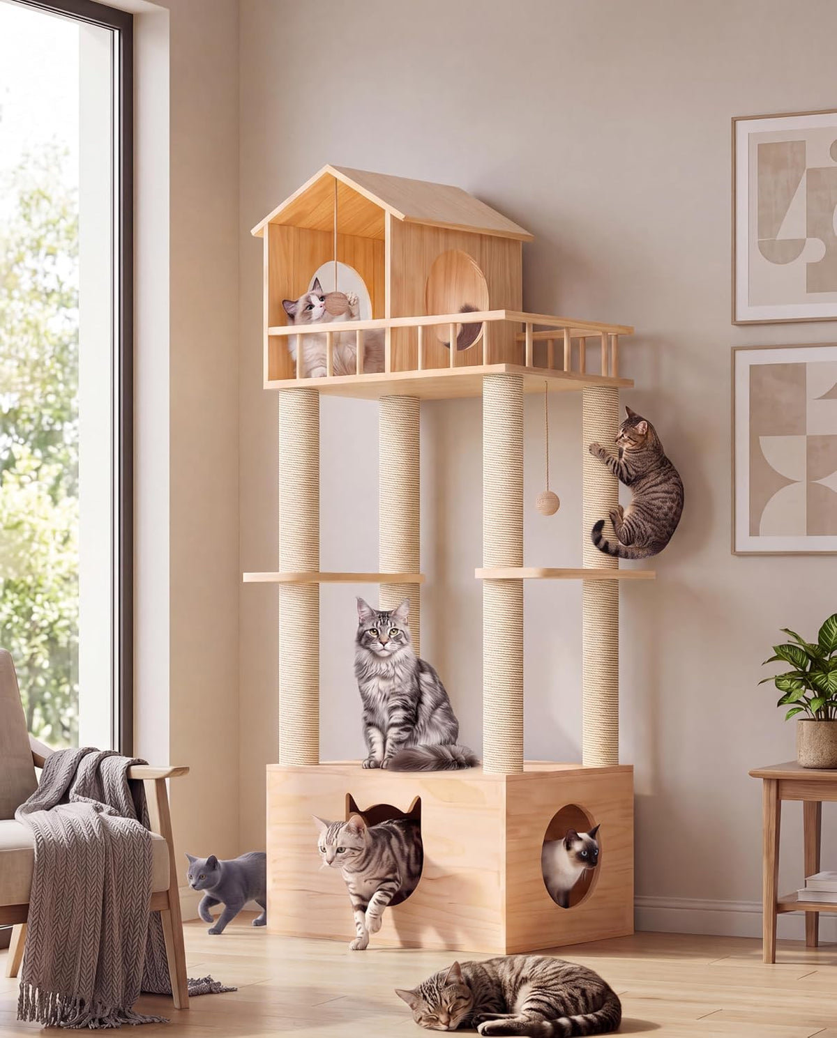 Solid Wood Cat Tower, 61''H Cat Tree for Large Cats, Burlywood
