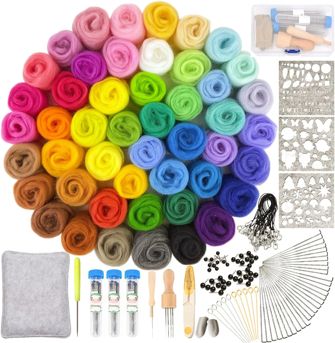Icosamro Needle Felting Kit 48 Color Wool Roving with 100 Pcs Felting Needles Tools Wool Felt Supplies Incluiding Needle Mold Tool Felt Working Pad & Accessories
