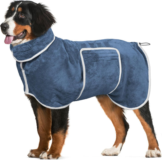 Dog Bathrobe Towel Dog Drying Coat - Super Absorbent Bath Robe for Drying Dogs Large, Soft Adjustable Collar & Belly Strap Fast Drying Coat Pet Dog Cat Bath Robe Towel (Blue, X-Large)
