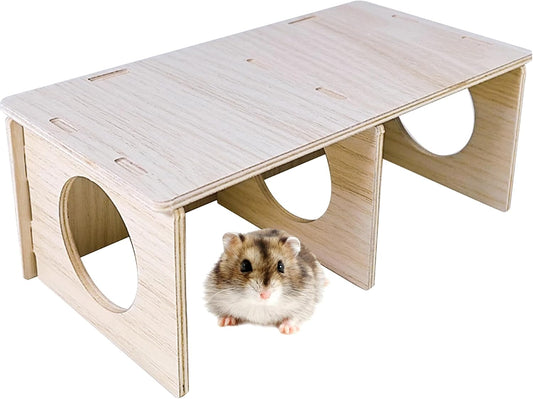 Hamiledyi Wooden Hamsters 2-Chamber Hideout-Tunnel Multi Chamber Exploring Toy Hamster Hiding Maze Tunnel Toy Platform Stuff Cage Accessories for Gerbil Rat Mice
