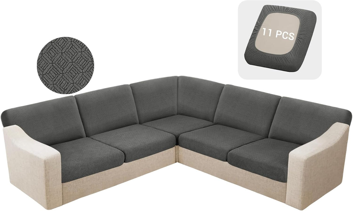 HDCAXKJ Waterproof Sectional Couch Cushion Covers 11 Pieces Stretch Jacquard L Shaped Corner Sofa Slipcover Back Cover Soft Sofa Seat Cushion Covers for Dogs Pet (5 Seater and 6 Backrest, Dark Gray)