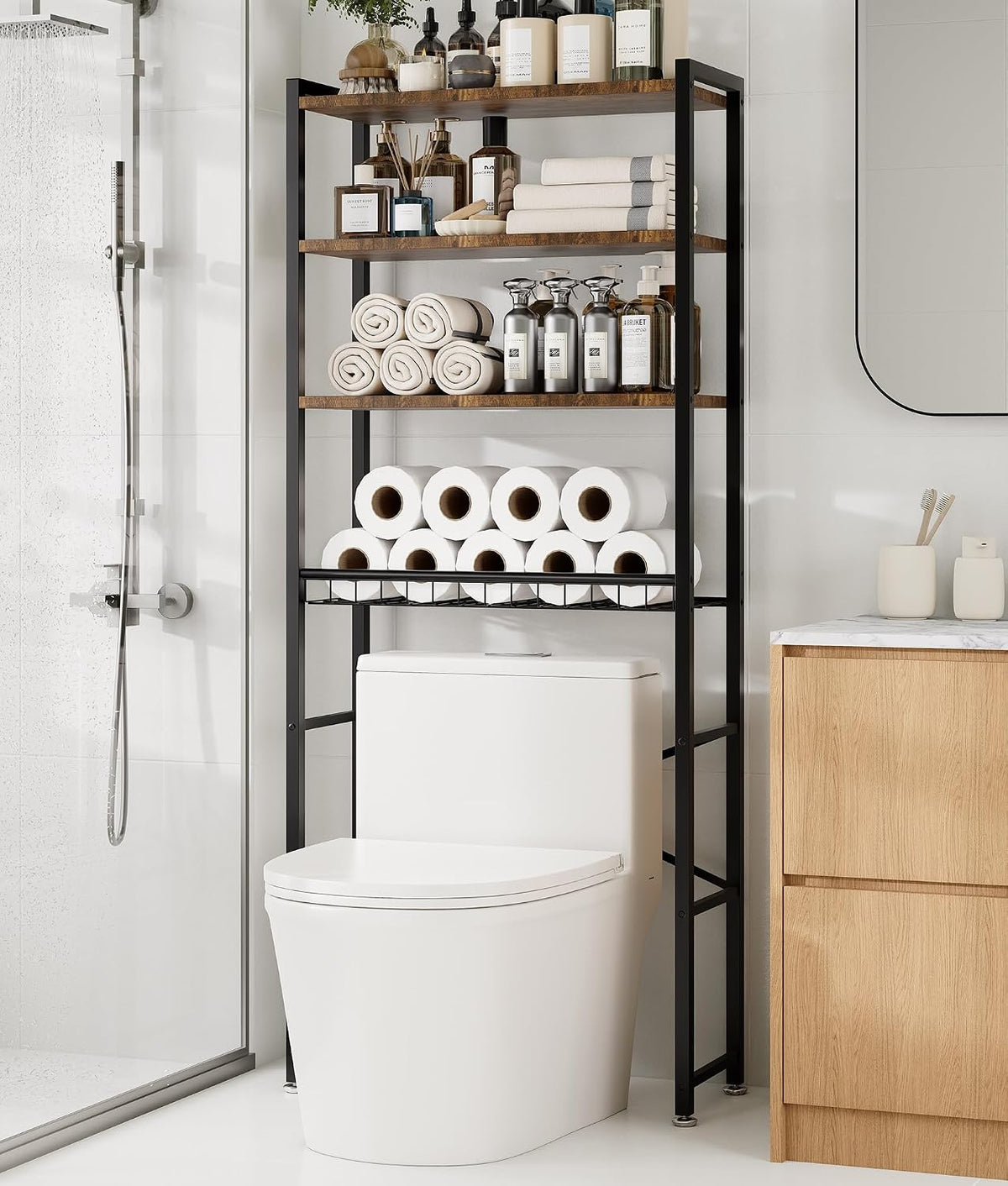 4-Tier Over-The-Toilet Storage Rack with One-Piece Wooden Shelves & Open Net Basket, Bathroom Organizer with Adjustable Feet & Anti-Tip Kit, Space-Saving Toilet Shelf, Brown, 24.4" X 9.4" X 69.3"