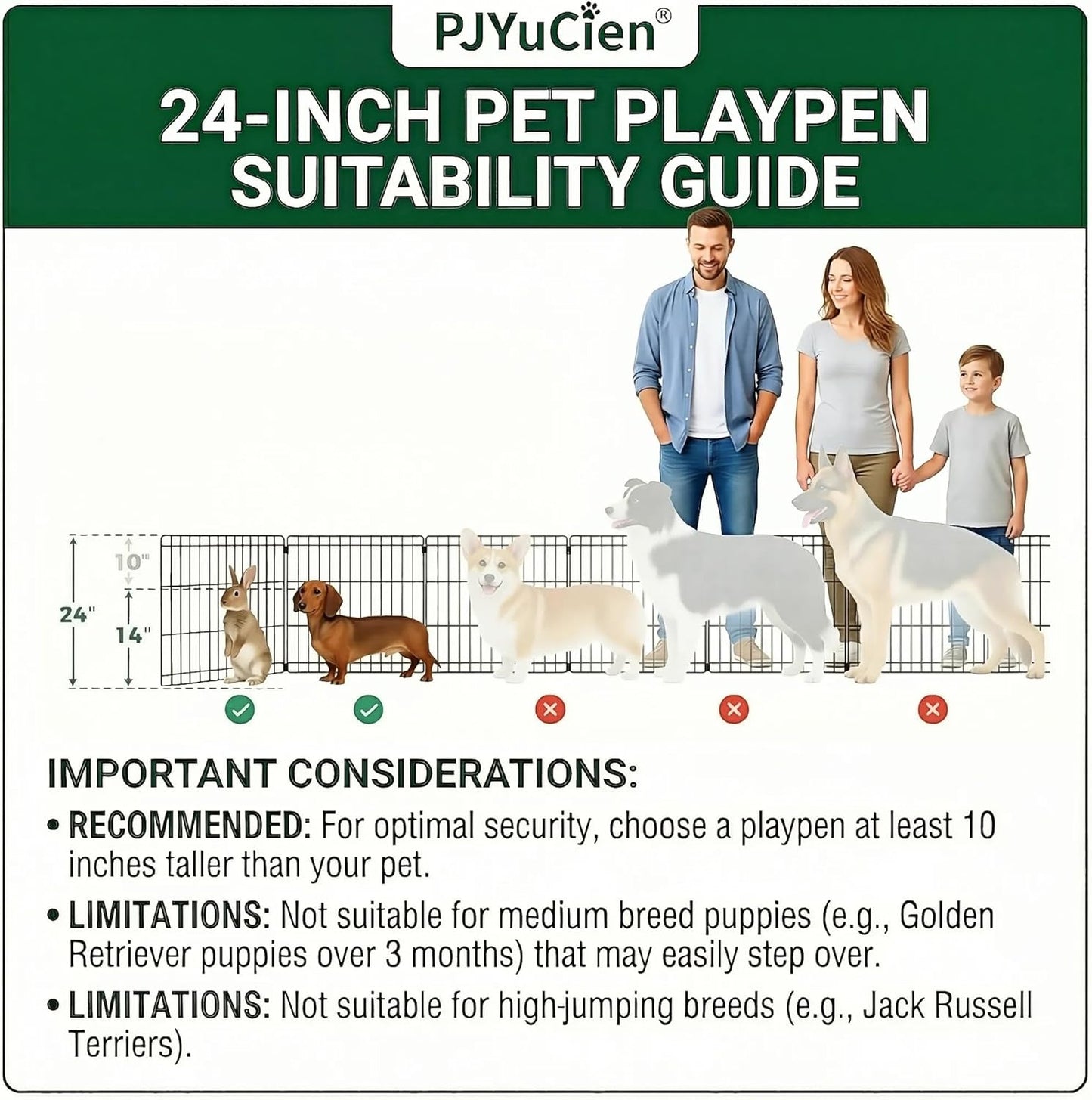 Pjyucien Dog Playpen with Bottom Pad - Metal Foldable Exercise Pen, 8 Panels 24" H X 24" W Indoor Outdoor Pet Fence Puppy Crate Kennel, Black
