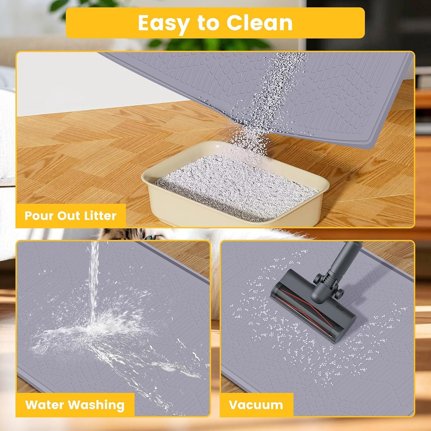 Silicone Cat Litter Mat with Toy, 38X25 Inch Large - Waterproof, Easy Clean Trapping Mat for Kitty Litter Box, Non-Slip Litter Box Mat for Hardwood Floors & Carpet Protection (Grey)