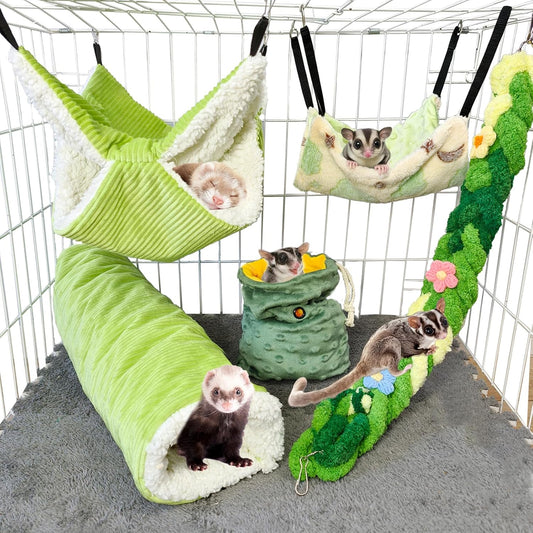 Hamiledyi Rat Hammock 5 Pack Sugar Glider Bed Climbing Ropes Toys Ferret Tunnel Hanging Hammock Swing Hideout Cage Accessories for Hamster Mice Small Animals