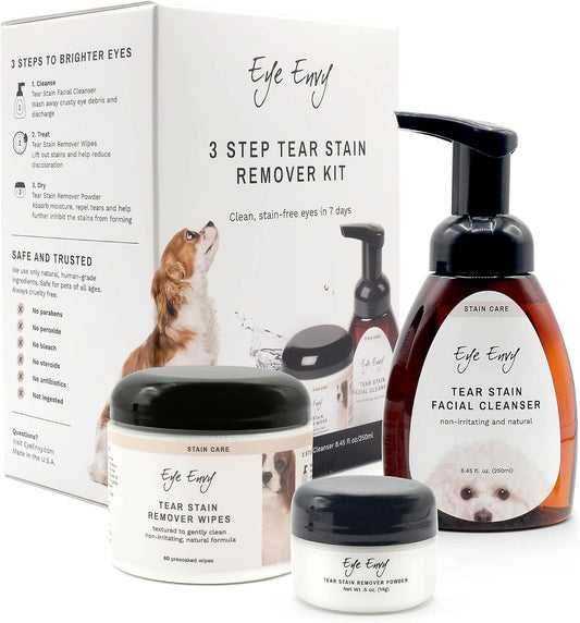 Eye Envy 3 Step Tear Stain Remover Kit for Dogs. for Clean, Stain-Free Eyes. Contains: Cleanser, Tear Stain Eye Wipes & Stain Powder. Non-Irritating & Natural Dog Tear Stain Remover. Made in USA