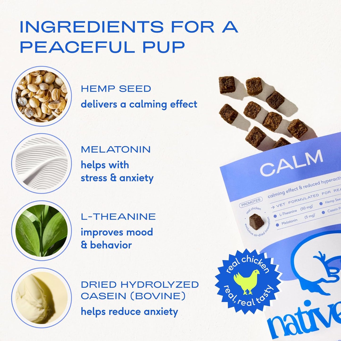 Native Pet Calming Chews for Dogs - Promotes Calming Effect, Supports Emotional Balance & Reduces Hyperactivity - Hemp Seed, Melatonin for Dogs, L-Theanine & Casein - 30 Chews