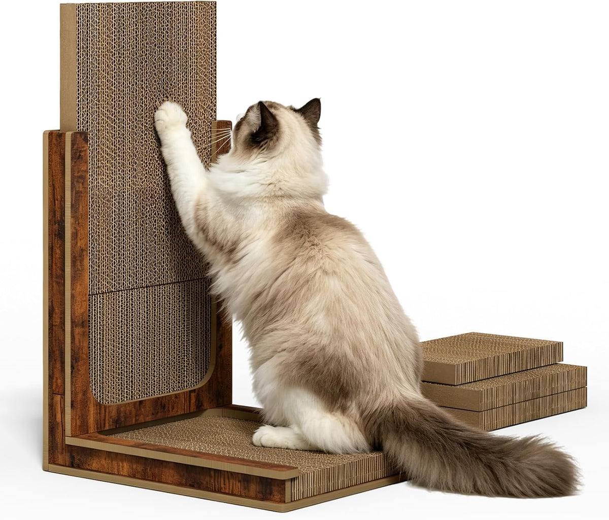 Deluxe Replaceable Cardboard Cat Scratcher, Easy Assembly & 3-Second Swap, Adjustable Height (16.9” or 23.6”) with 2 Full Pad Sets, Ultimate Value Bundle