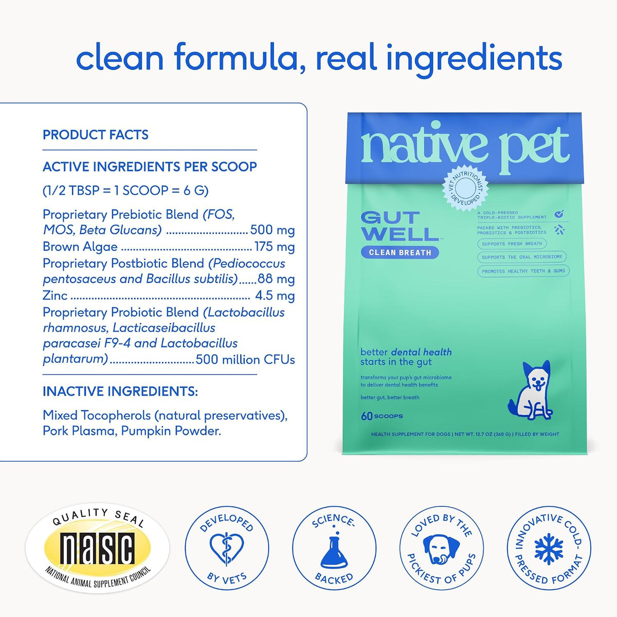 Native Pet Clean Breath Dog Dental Care - Teeth Cleaning for Fresh Breath, Clean Teeth & Healthy Gums - Tartar and Plaque Remover - Dog Breath Freshener - 60 Scoops