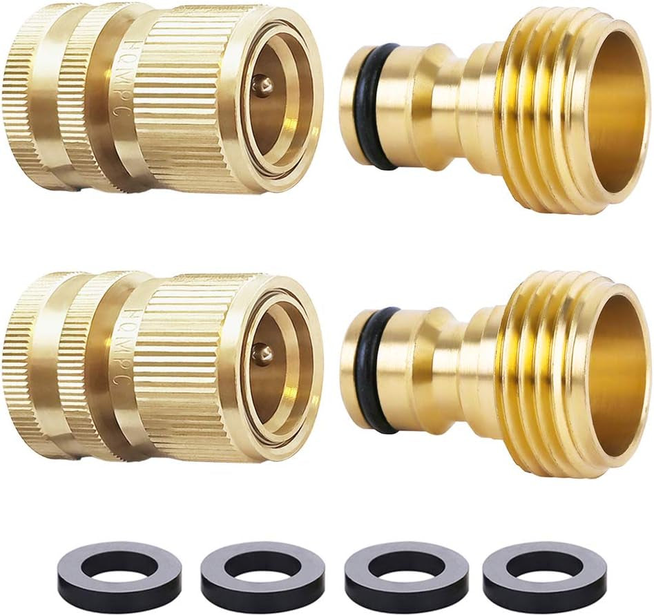 HQMPC Garden Hose Quick Connect Solid Brass Quick Connector Garden Hose Fitting Water Hose Connectors Garden Hose Disconnect 3/4 Inch GHT (2Sets) (2Female+2Male)