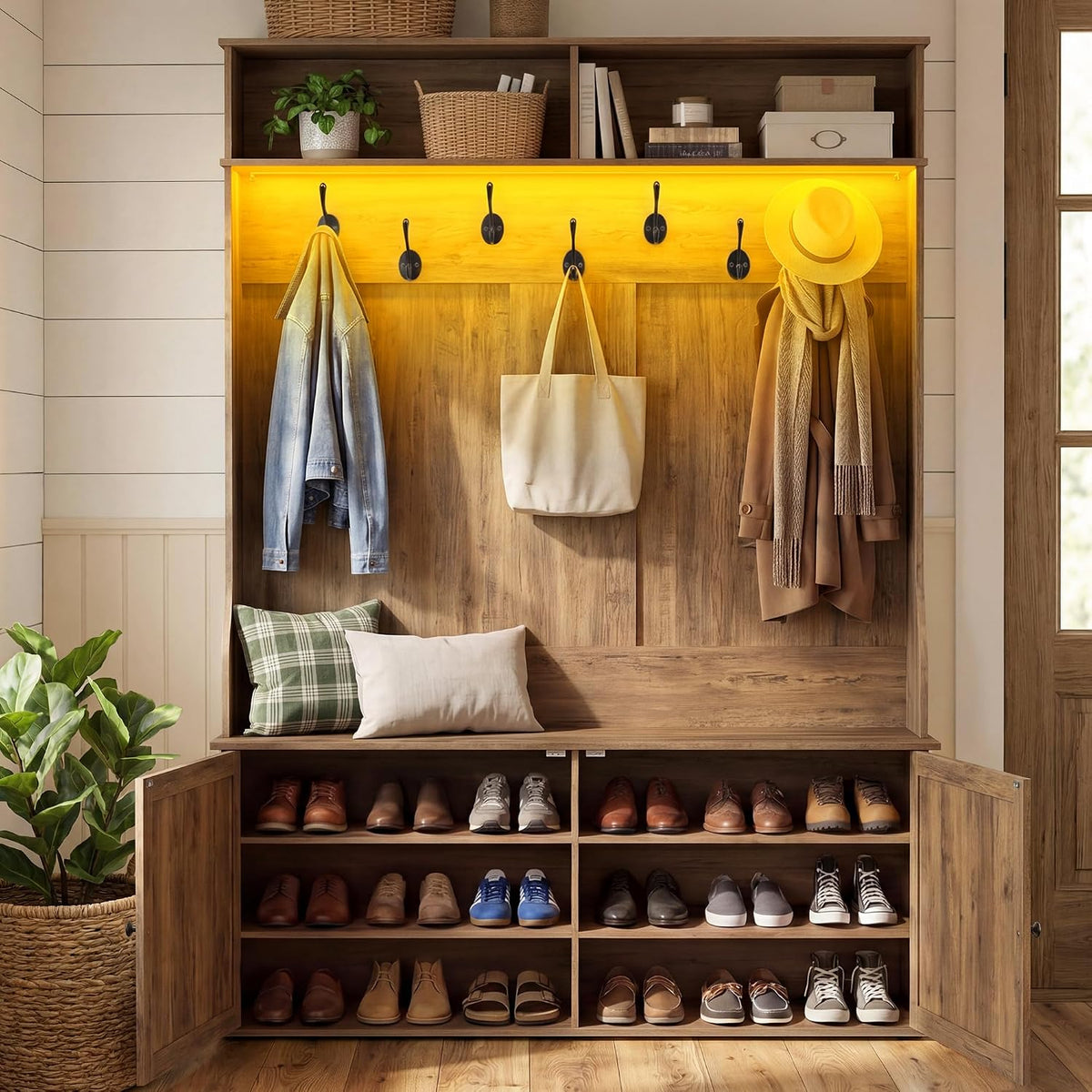 VASAGLE 5-In-1 Hall Tree with Bench and Shoe Storage, Adjustable LED Light