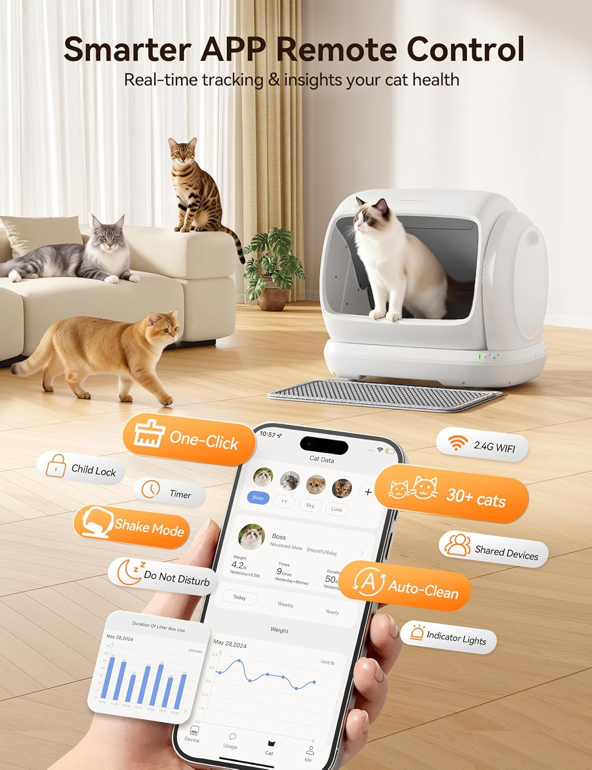 Meowant Self-Cleaning Cat Litter Box, 106L Extra-Large Space Low Entrance Automatic Cat Litter Box Perfect for Multiple Cats, Safety Sensor, Anti-Pinch, APP Control, Odor Free with Mat & Liner