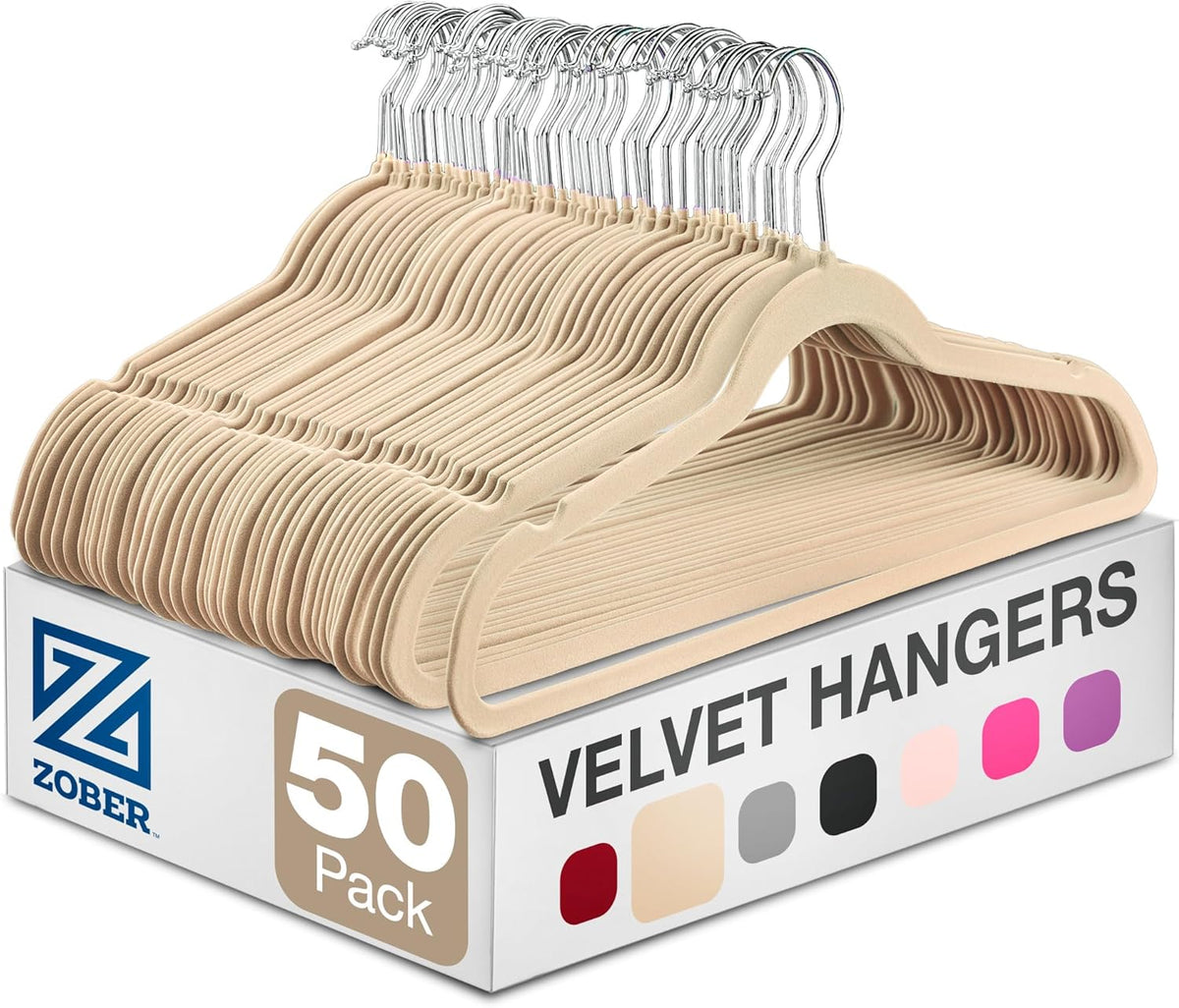 Zober Velvet Hangers 50 Pack - Ivory for Coats, Pants & Dress Clothes - Non Slip W/ 360 Degree Swivel, Holds up to 10 Lbs - Strong Felt Hangers for Clothing
