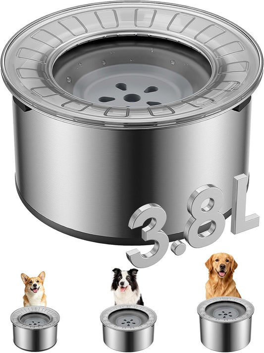 Heouvo 1 Gallon No Spill Dog Water Bowl with Slow Drink Floating Disk(Gray)