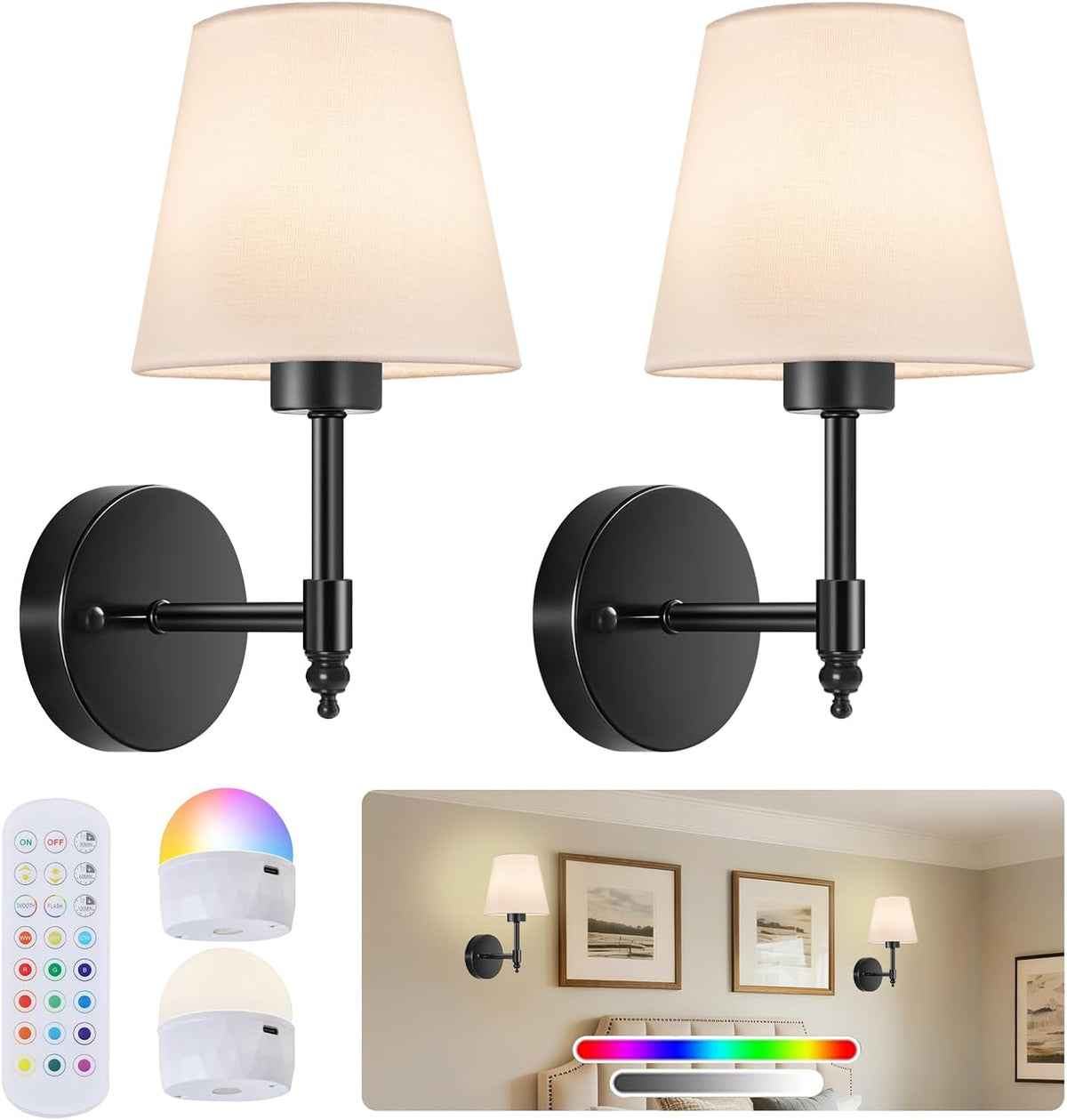 Battery Operated Wall Sconce Set of 2, Rechargeable Wireless Wall Lights