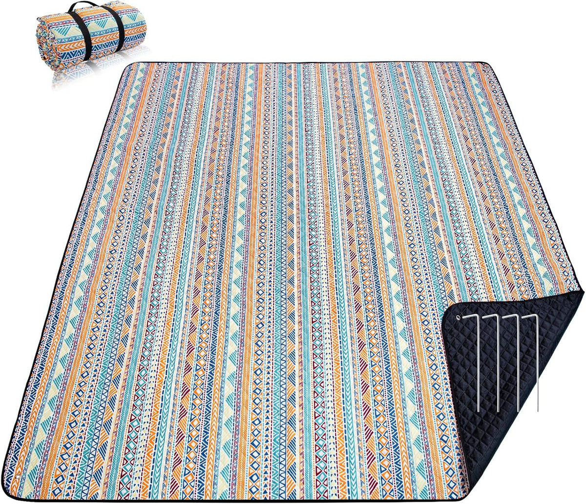 PY SUPER MODE Picnic Blankets Extra Large, Waterproof Foldable Outdoor Beach Blanket Oversized 83X79” Sandproof, 3-Layer Picnic Mat for Camping, Hiking, Travel, Park, Concerts(Orange Boho)