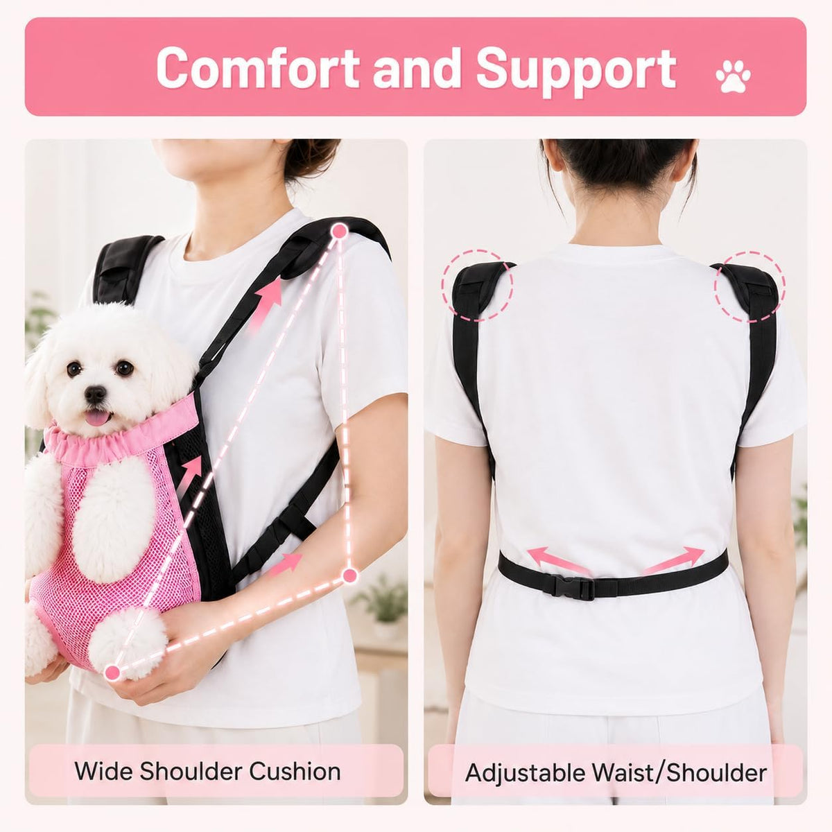 Pet Front Carrier for Small Dogs & Cats, Breathable Legs-Out Riding Carrier for Cycling, Walking & Outdoor Travel, Adjustable Hands-Free Pet Carrier Backpack, Pink