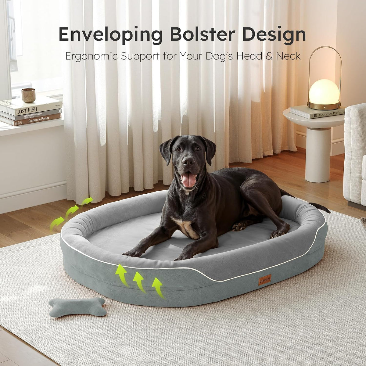 CWAWZ XXL Orthopedic Dog Bed, 53 In. Dog Bed for Large Sized Dogs with Full-Surround Bolsters, Dual-Sided Dog Cooling Beds with Memory Foam, Washable Pet Sofa Couch with Nonslip Bottom, Light Grey